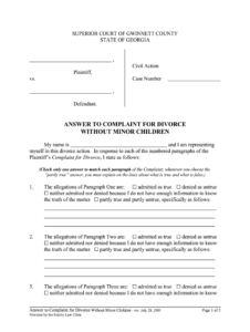 2005 Form GA Answer To Complaint For Divorce Without Minor Children