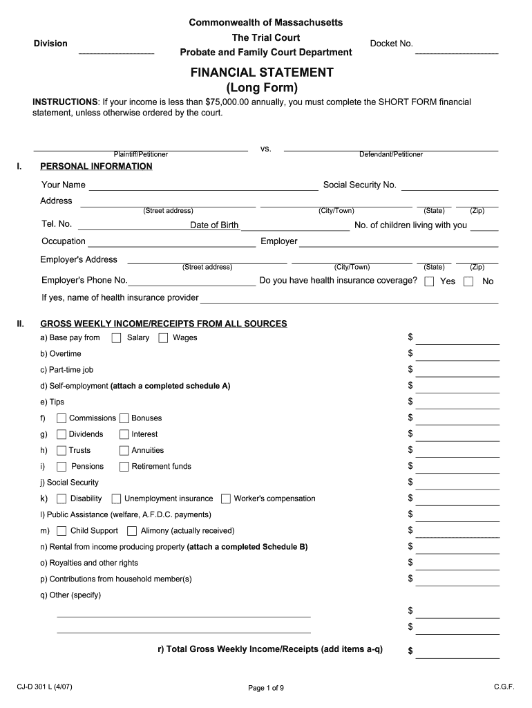 2007 2021 Form MA CJ D 301 L Fill Online Printable Fillable Blank 