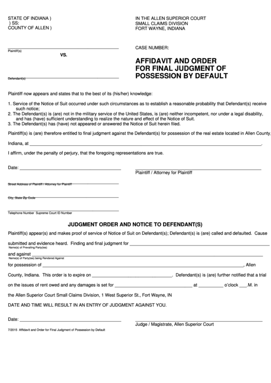 Affidavit And Order For Final Judgment Of Possession By Default Form 