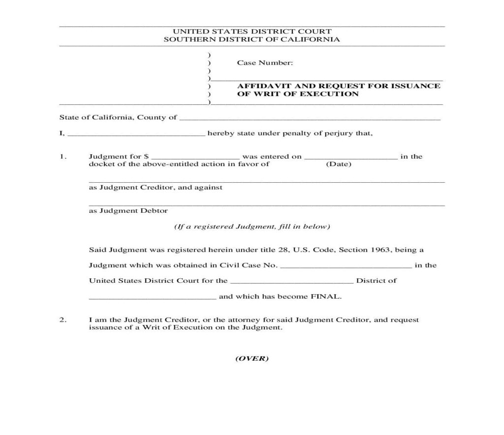 Affidavit And Request For Issuance Of Writ Of Execution California 
