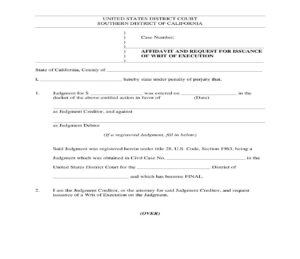 Affidavit And Request For Issuance Of Writ Of Execution California