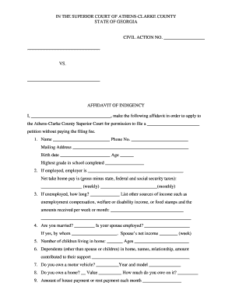 Affidavit Of Indigency Georgia Editable Fillable Printable