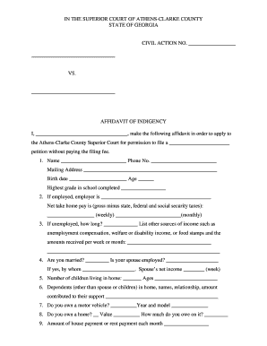 Affidavit Of Indigency Georgia Editable Fillable Printable 