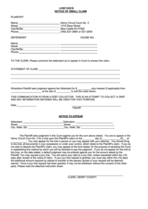 Amended Notice Of Small Claim Form Henry County Indiana Printable