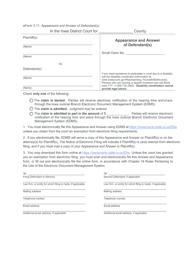 Appearance And Answer Form Iowa Fill Out And Sign Printable PDF 