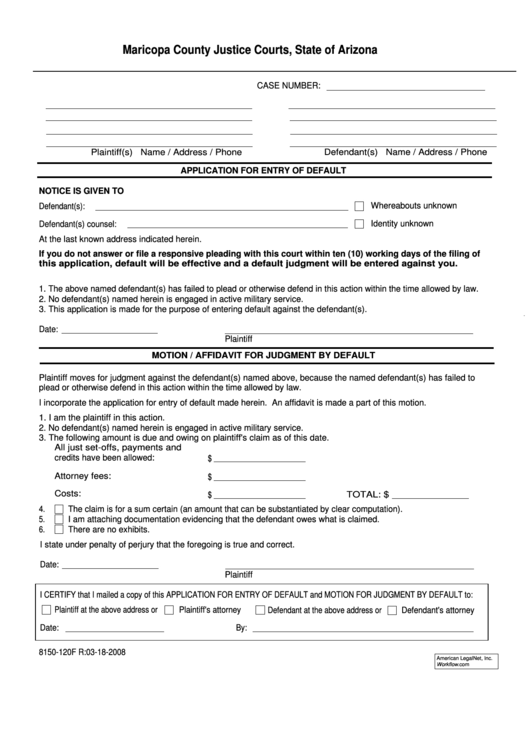 Application For Entry Of Default Arizona Printable Pdf Download