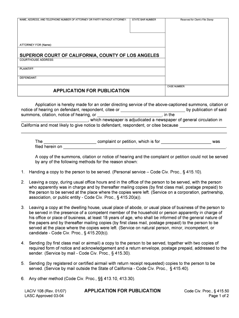 Application For Publication Los Angeles Superior Court Fill Out And 