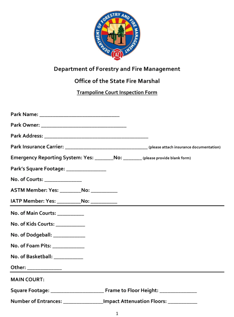 Arizona Trampoline Court Inspection Form Download Fillable PDF 