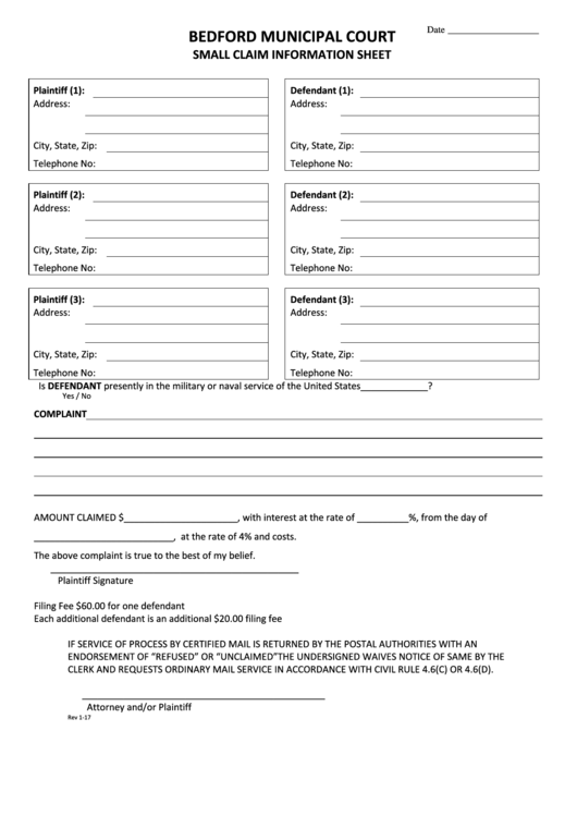 Bedford Municipal Court Small Claim Information Sheet Printable Pdf