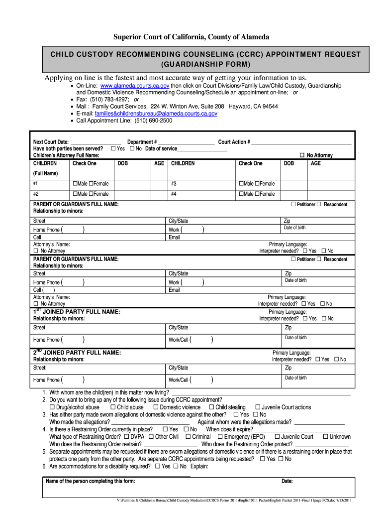 CA CCRC Guardianship Form 2011 Complete Legal Document Online US 