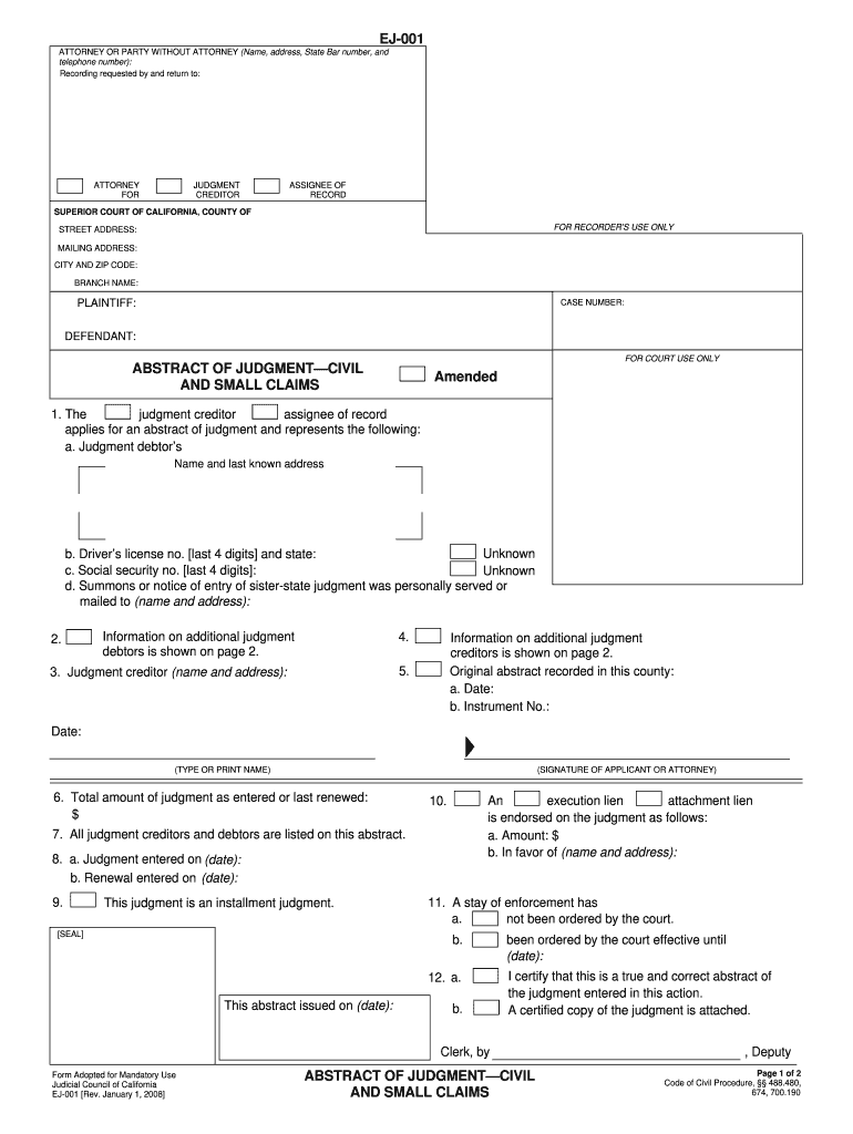 CA EJ 001 2008 Complete Legal Document Online US Legal Forms