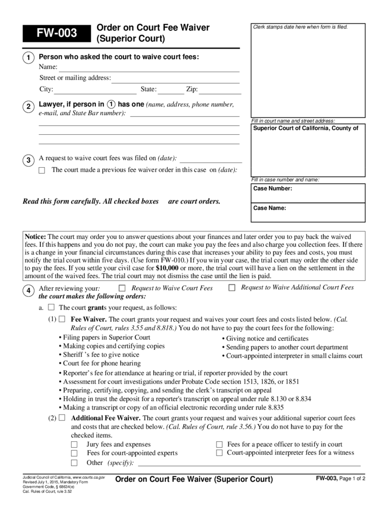 California Court Fee Waiver 12 Free Templates In PDF Word Excel 