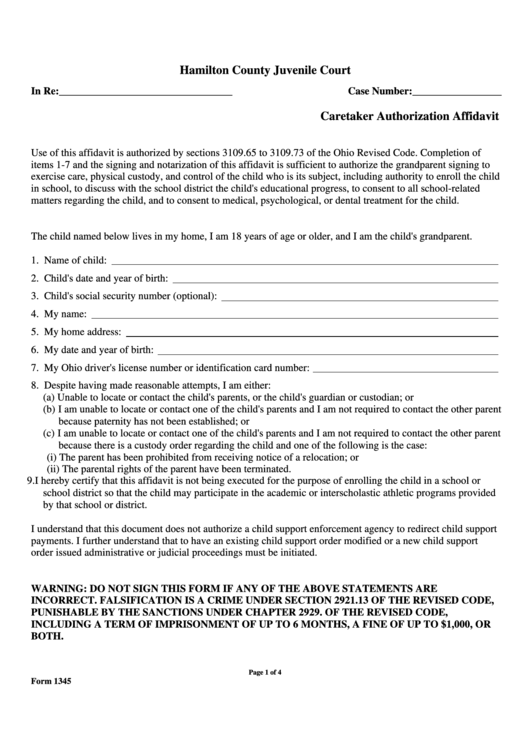 Caretaker Authorization Affidavit Form Hamilton County Juvenile Court 