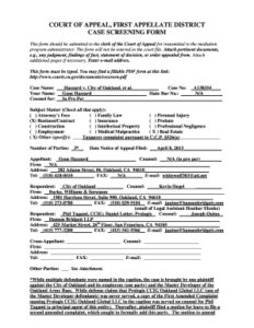 Case Screening Form California Court Of Appeal First Appellate District