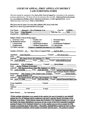 Case Screening Form California Court Of Appeal First Appellate District 