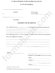 Certificate Of Service Dekalb Superior Court Printable Pdf Download