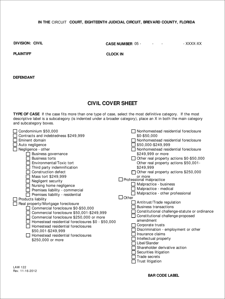 CIVIL COVER SHEET Brevard County Florida Clerk Of The Court Fill Out 