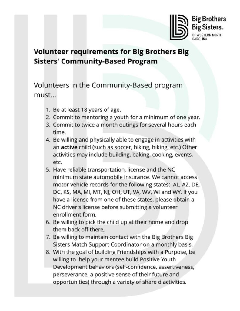 Community Based Volunteer Requirements Big Brothers Big Sisters Of 