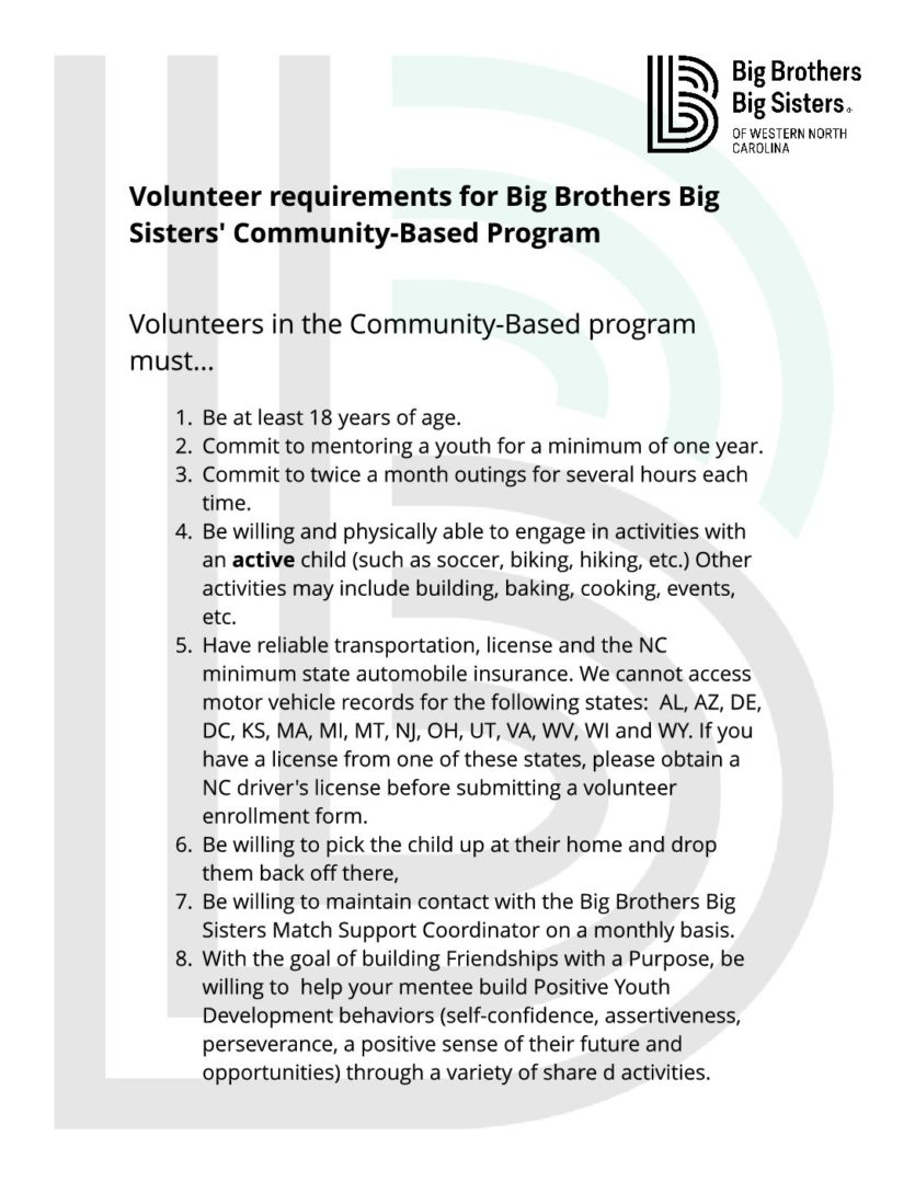 Community Based Volunteer Requirements Big Brothers Big Sisters Of 