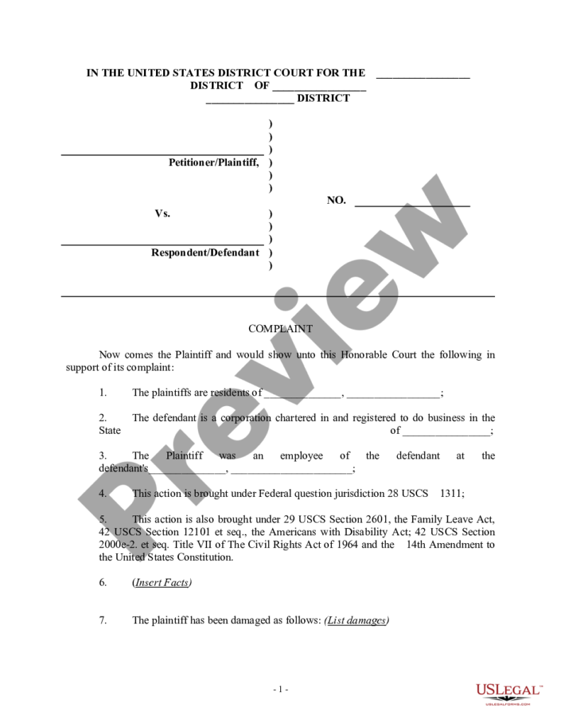 Complaint For Employment Discrimination Discrimination US Legal Forms