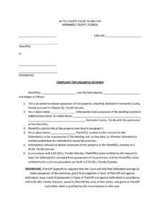 COMPLAINT FOR UNLAWFUL DETAINER Hernando Clerk Fill Out And Sign