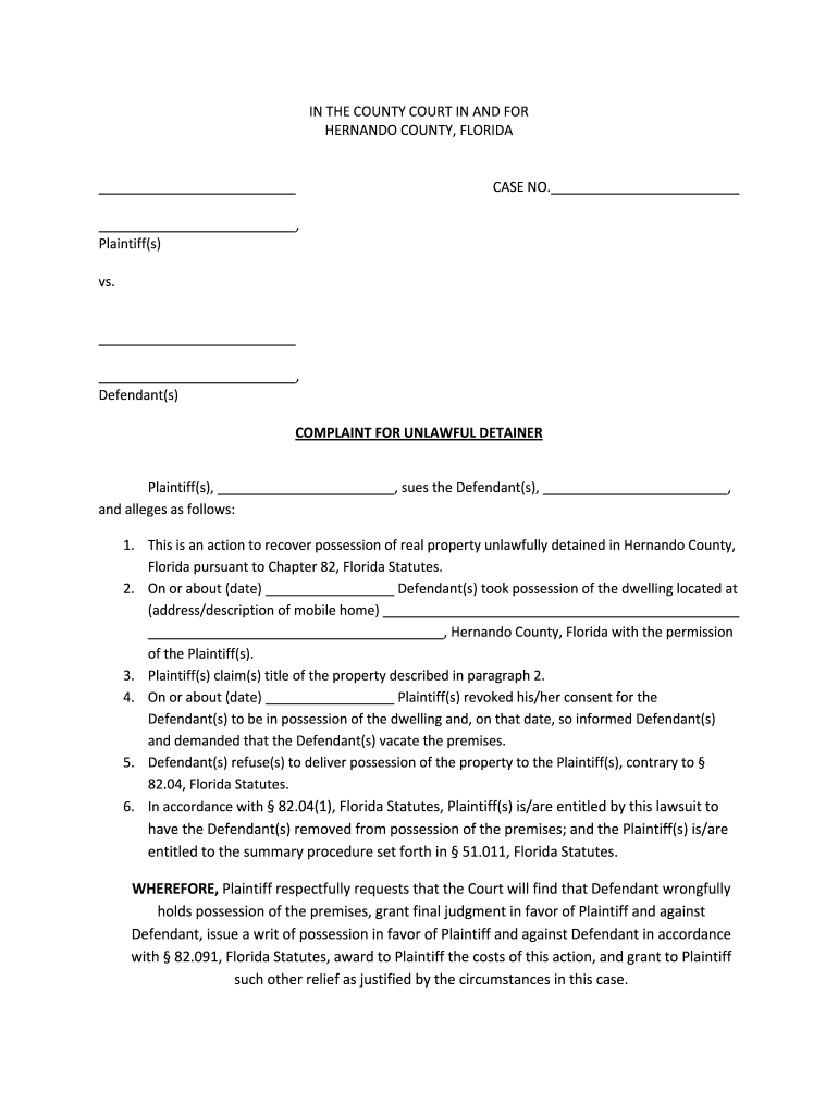 COMPLAINT FOR UNLAWFUL DETAINER Hernando Clerk Fill Out And Sign 