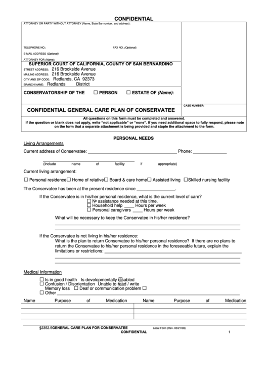 Confidential General Care Plan Of Conservatee Form Superior Court Of 