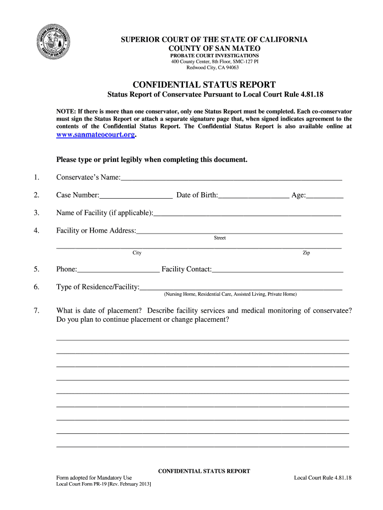 Confidential Status Report Superior Court Of San Mateo Fill Out And 