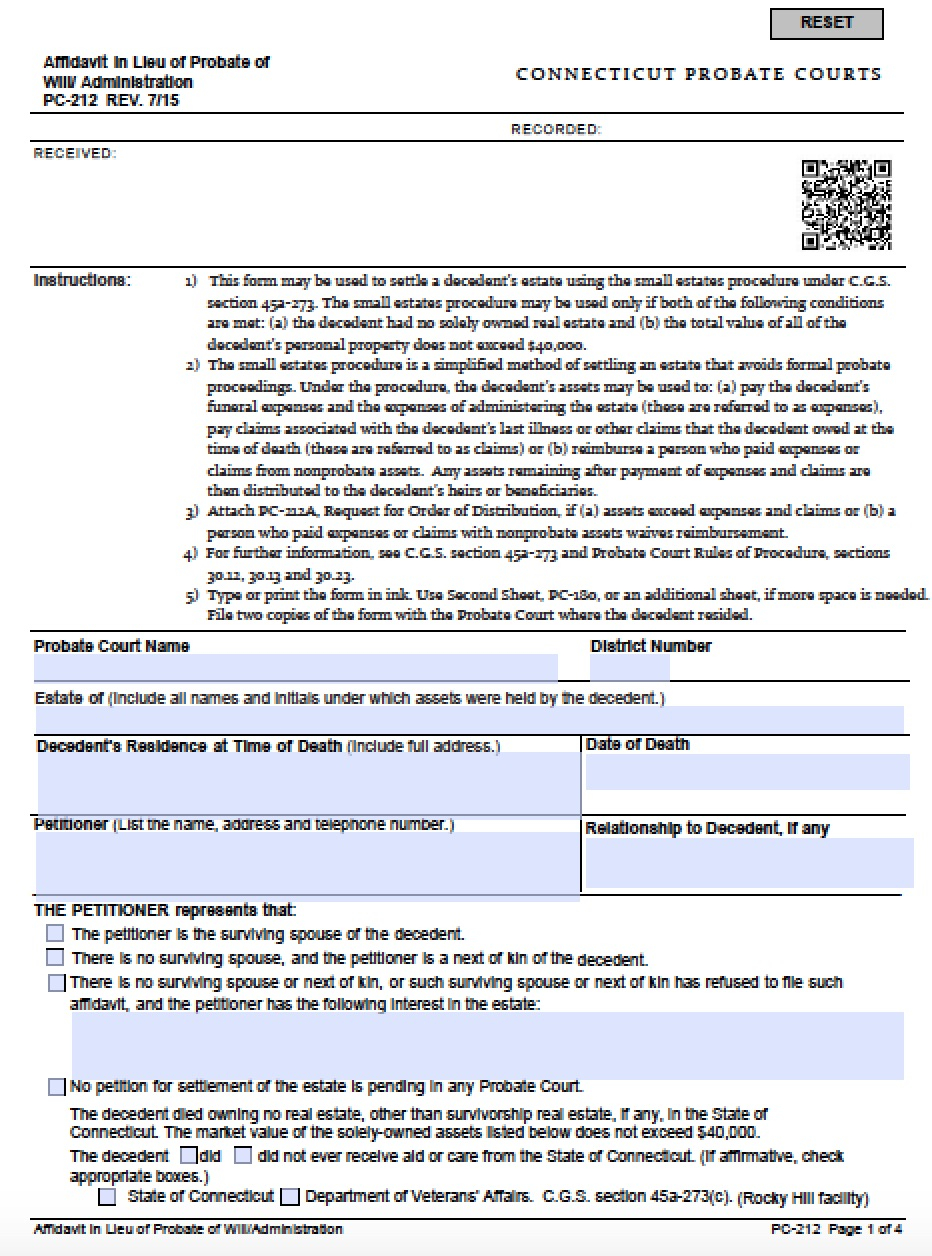 Connecticut Small Estate Affidavit PC 212 Affidavit Forms