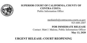 Contra Costa Superior Court Urgent Release Court Reopening