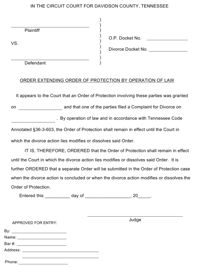 Davidson County Tennessee Order Extending Order Of Protection By 