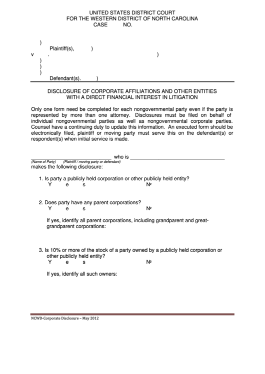 Disclosure Of Corporate Affiliations And Other Entities Template