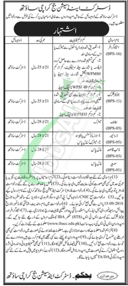 District And Session Court Karachi South Jobs 2018 STS Application Form