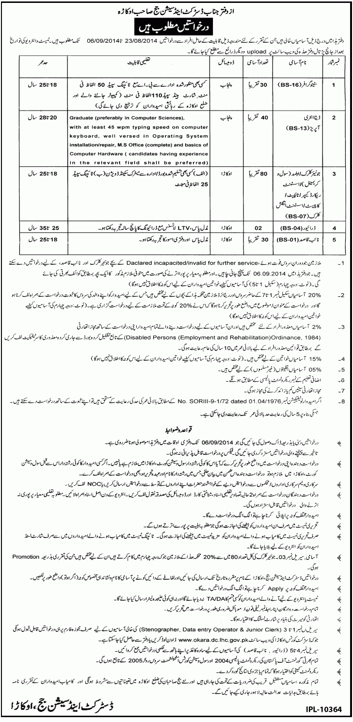 District And Session Court Okara Jobs 2014 August Latest Application 