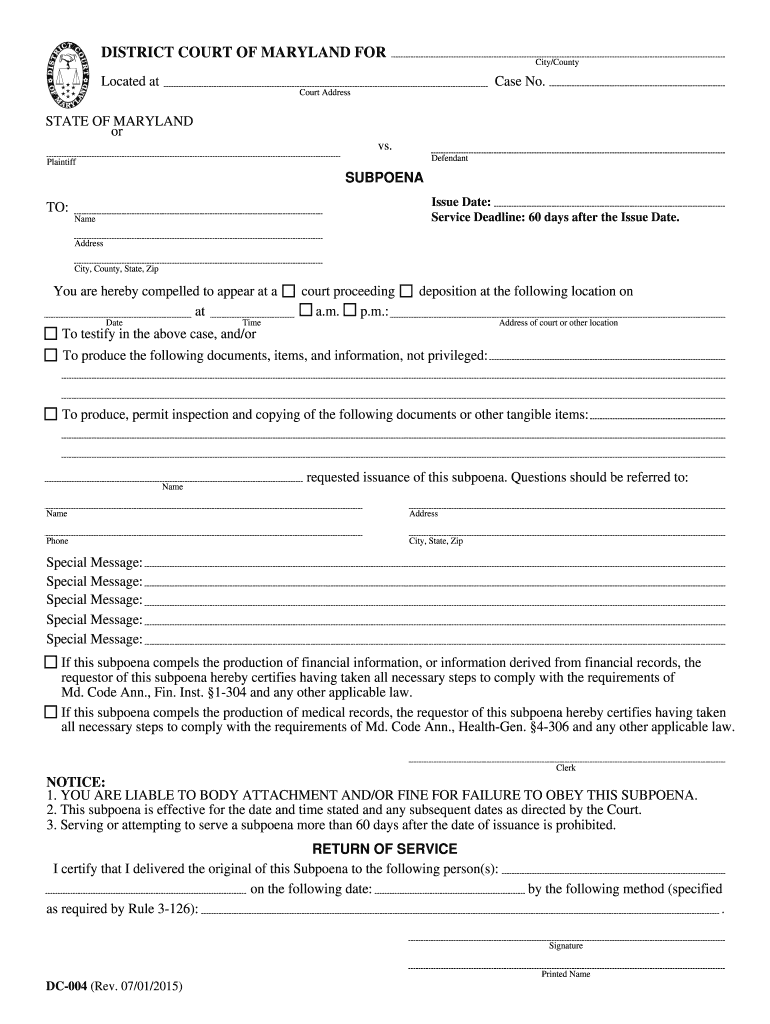 District Court Of Maryland Subpoena Form Fill Out And Sign Printable 