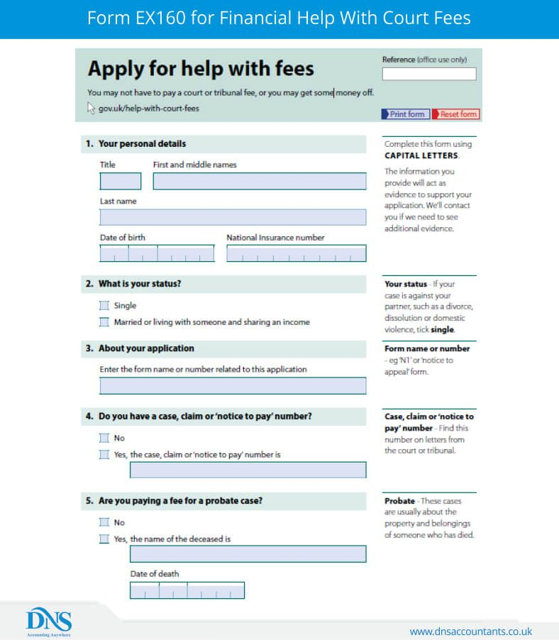 Download Form EX160 For Help With Court Fees DNS Accountants