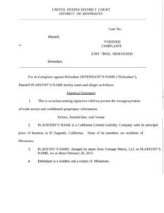 Federal Court Civil Complaint With Request For Injunctive Relief