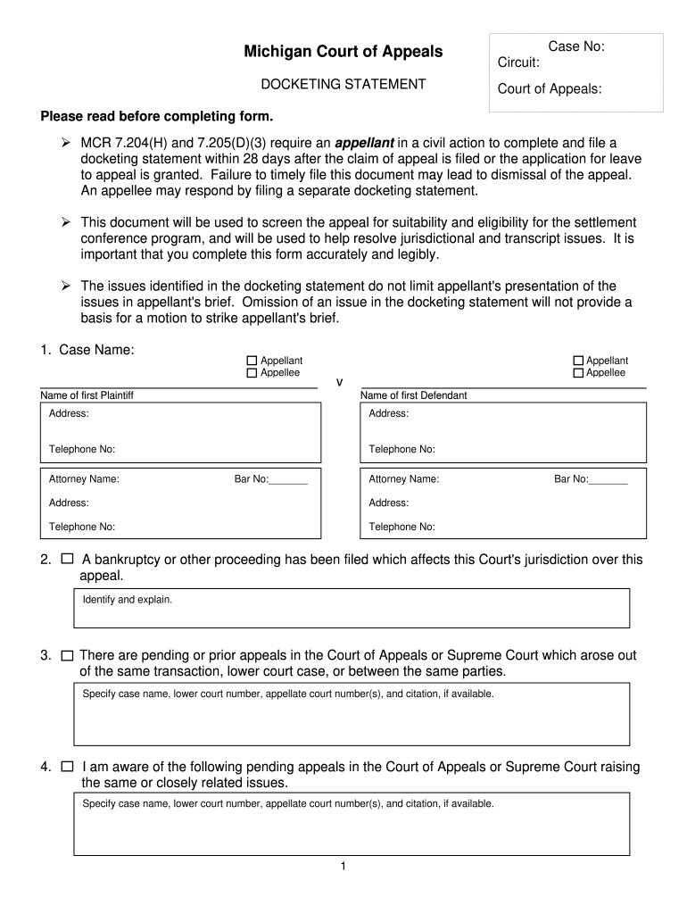 Filing Out Docketing Stateent Form Court Of Appeals Michigan Fill Out 