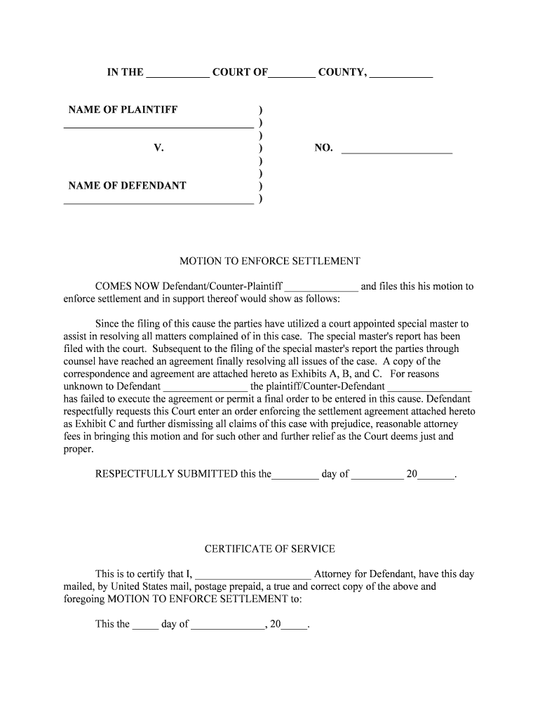 Fill Edit And Print Motion To Enforce Settlement Form Online SellMyForms