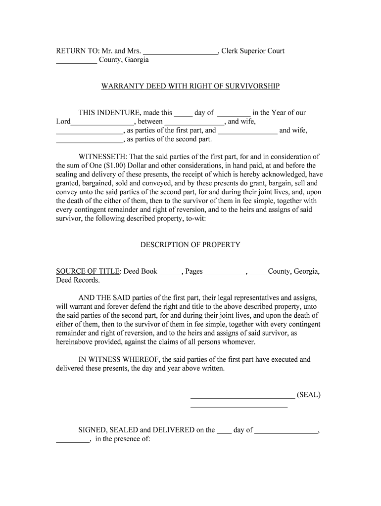 Fill Edit And Print Warranty Deed With Right Of Survivorship Form 