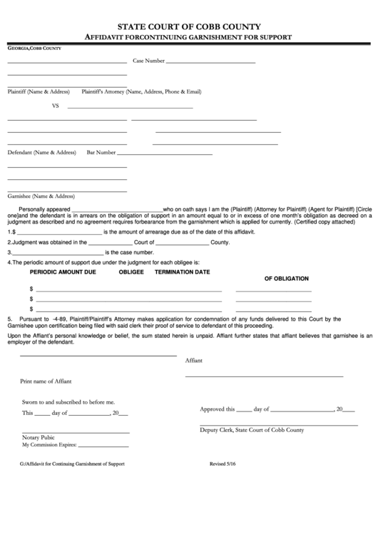 Fillable Affidavit For Continuing Garnishment For Support State Court 