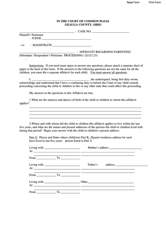 Fillable Affidavit Regarding Parenting Form The Court Of Common Pleas 