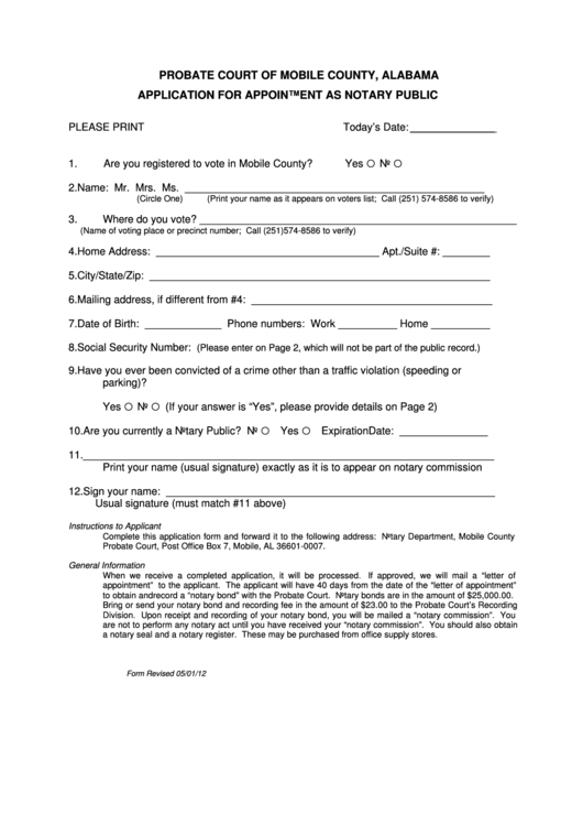 Fillable Application For Appointment As Notary Public Form Probate 