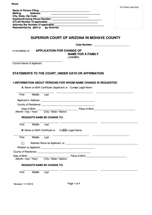 Fillable Application For Change Of Name For A Family Superior Court 