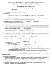 Fillable Application For Continuance Form Court Of Common Pleas Of