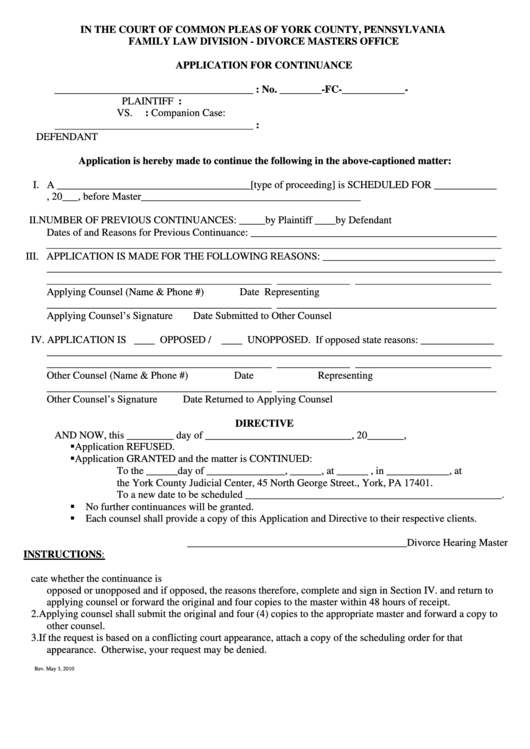 Fillable Application For Continuance Form Court Of Common Pleas Of 