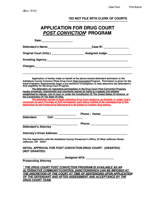 Fillable Application For Drug Court Post Conviction Program Ashtabula 