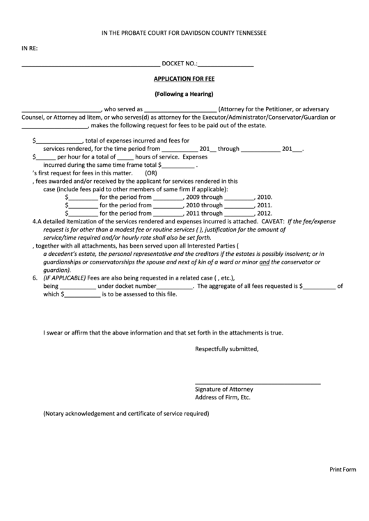 Fillable Application For Fee Following A Hearing Form Probate Court 