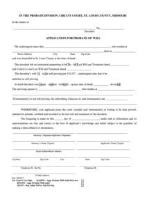 Fillable Application For Probate Of Will Form St louis County