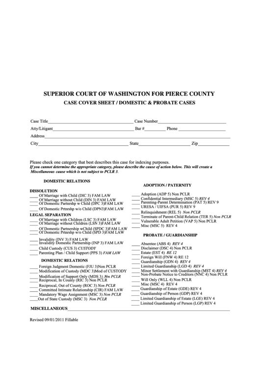 Fillable Case Cover Sheet Domestic Probate Cases Form Printable Pdf 